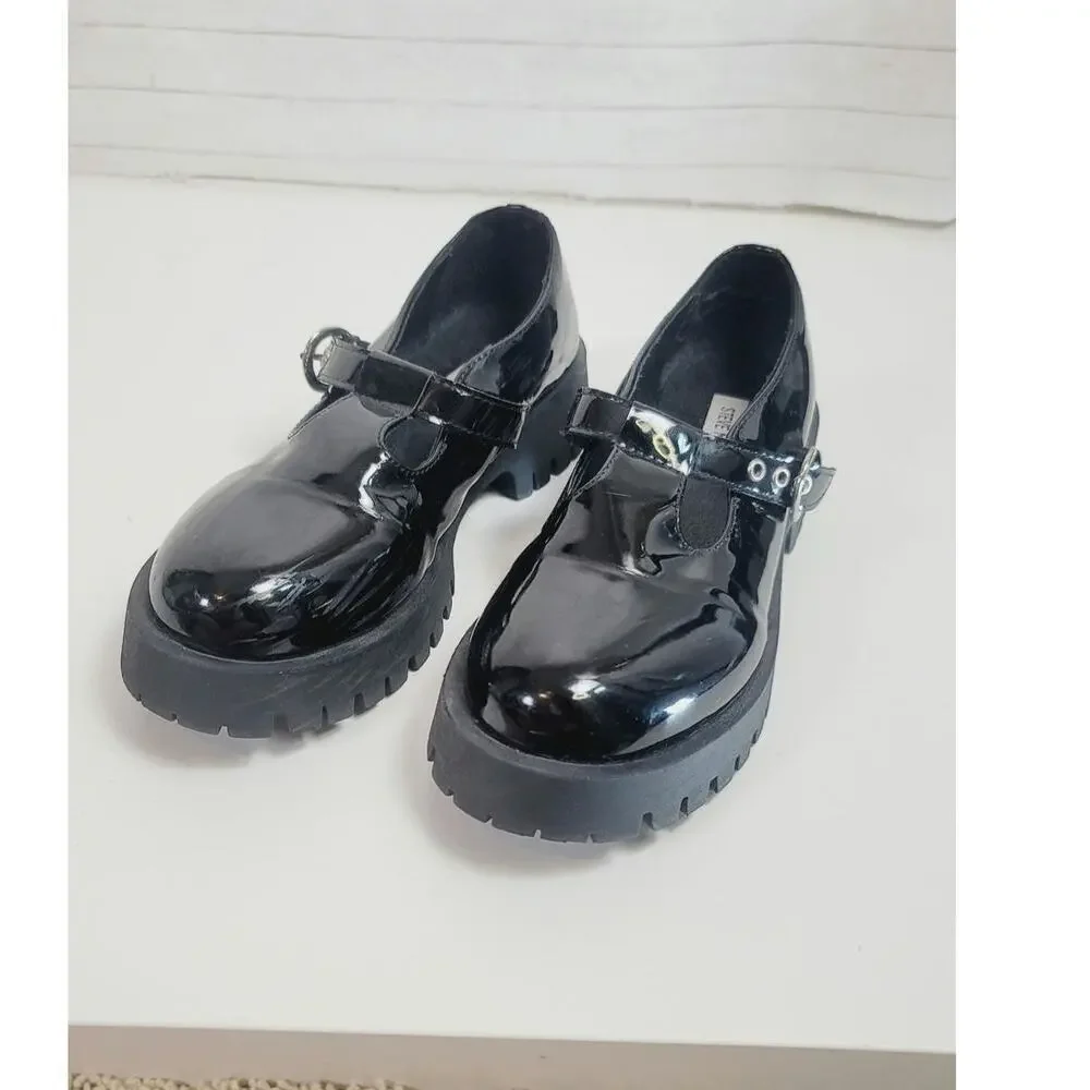 STEVE MADDEN PLATFORM MARY JANES IN PATENT BLACK, SZ 9.5